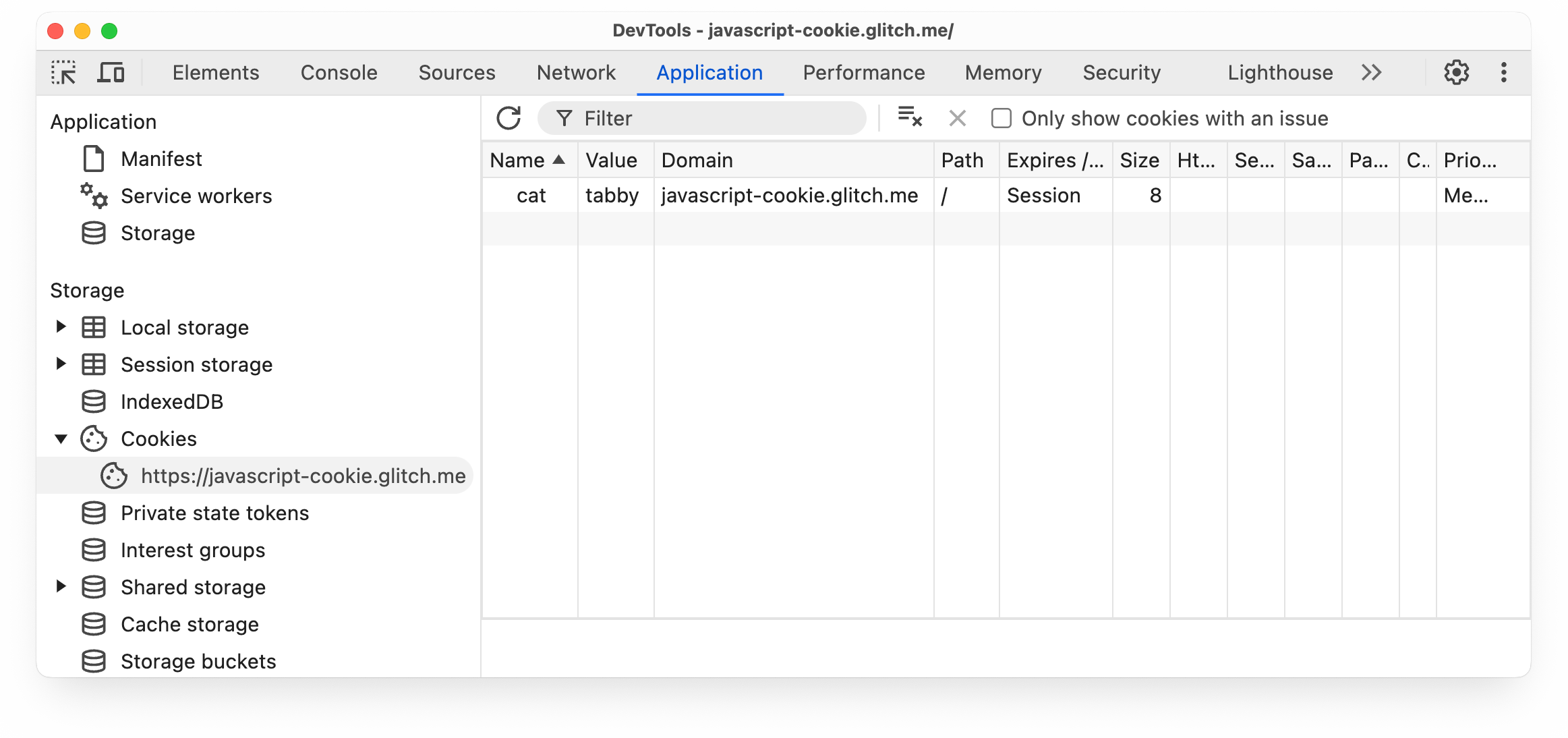 Cookie cat=tabby shown in the Application panel Cookie pane in Chrome DevTools