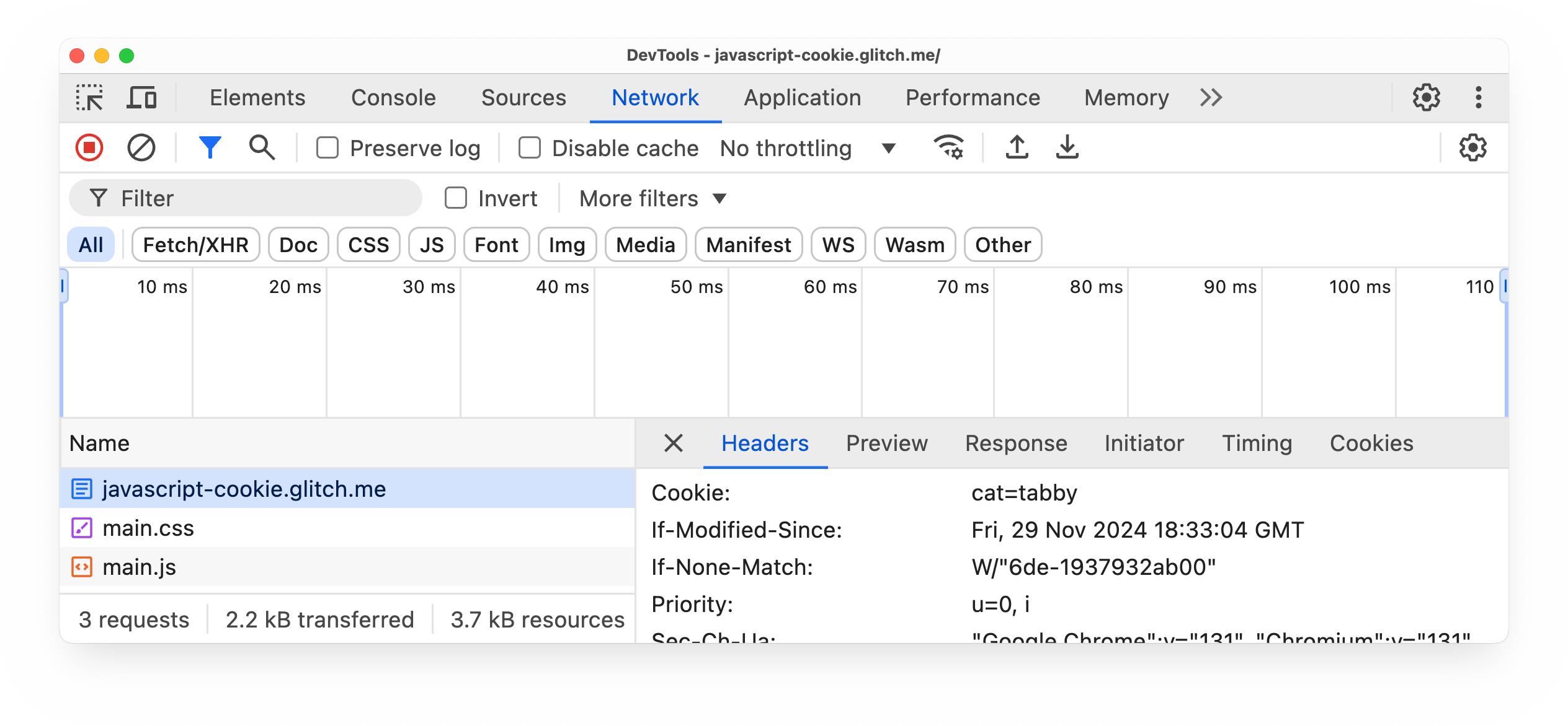 Cookie cat=tabby shown in the Headers tab in the Network panel in Chrome DevTools